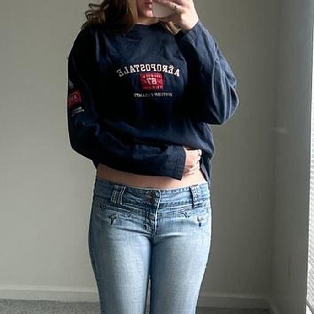 Aeropostale Navy Long Sleeve Logo Tee with Red Accent